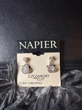 Napier Silver Clear Teardrop Clip Earrings